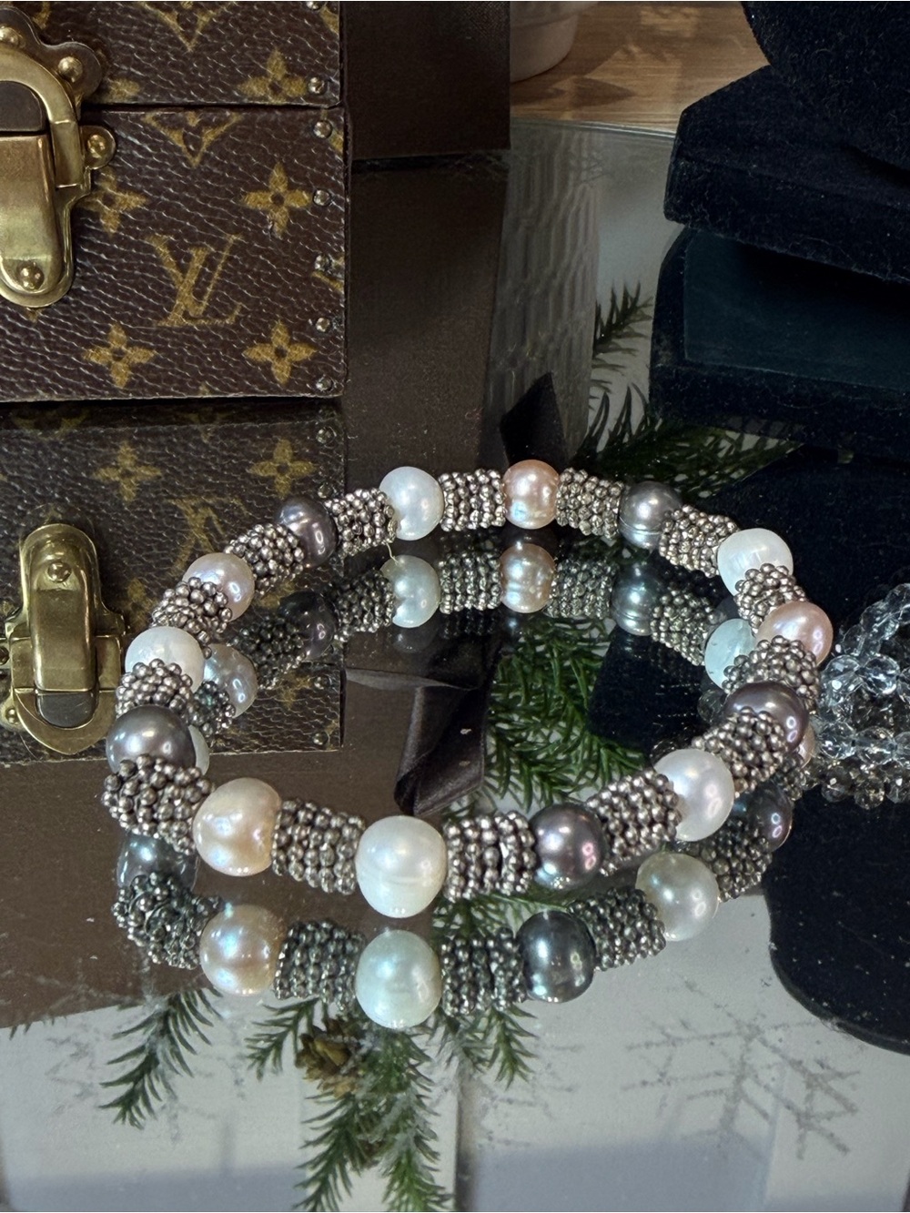 Vintage Pearl Silver Mesh Bracelet with White Real Freshwater Pearls 5mm